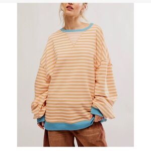 Free People Peach and Blue Striped Crew